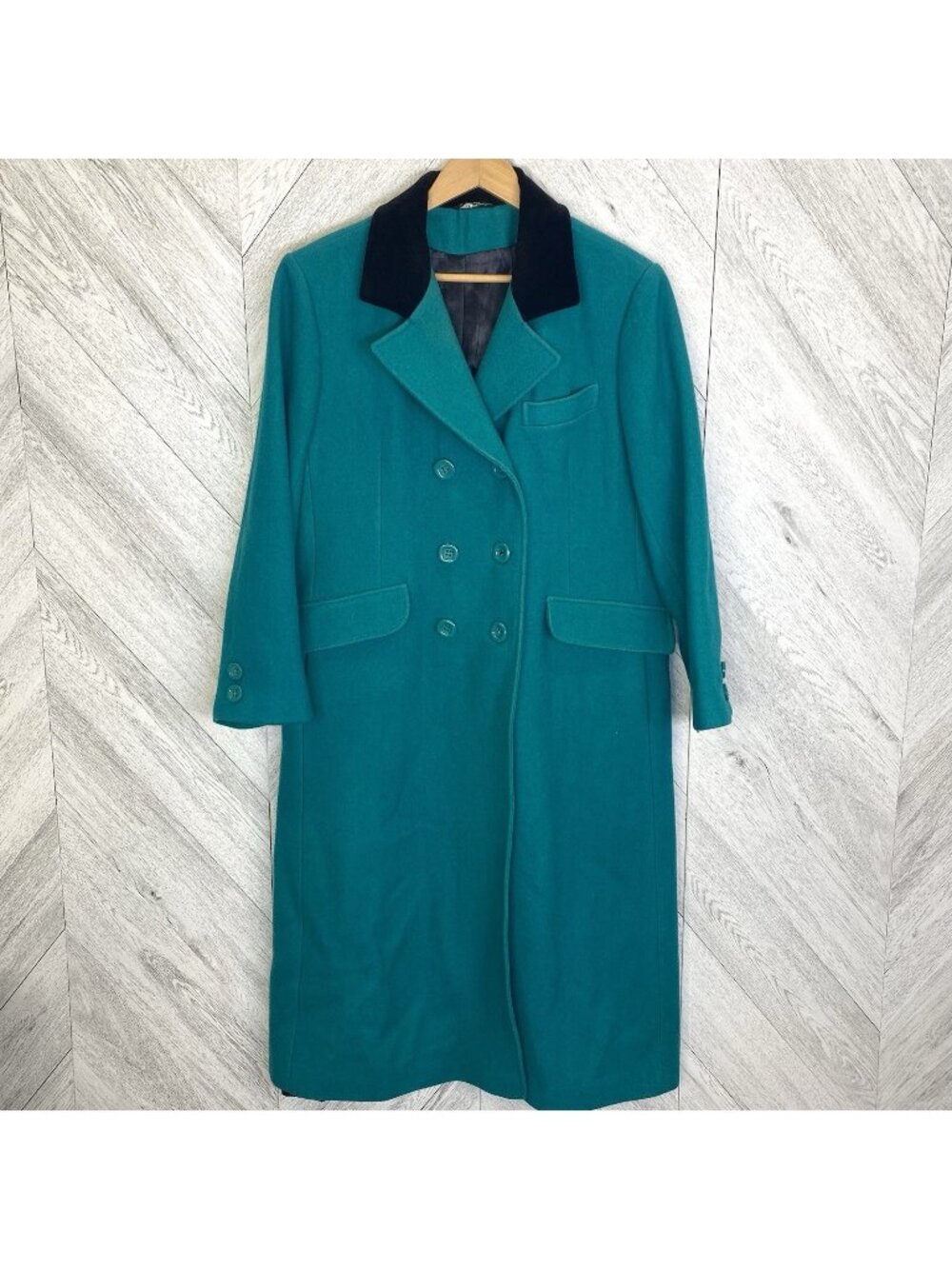 Vintage 80's Sears Wool Long Coat Overcoat  Womens XL Velvet Collar Green